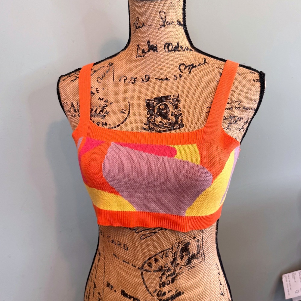 Abstract Colorblock Knit Crop Top Orange Pink Yellow Square Neck SU2917 Small